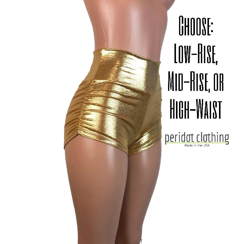 Retro Lace Fabric Ruched Booty Shorts - Gold Mystique Metallic