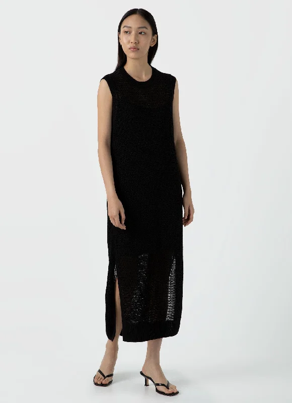 Luxury Style Women's Linen Mesh Dress in Black