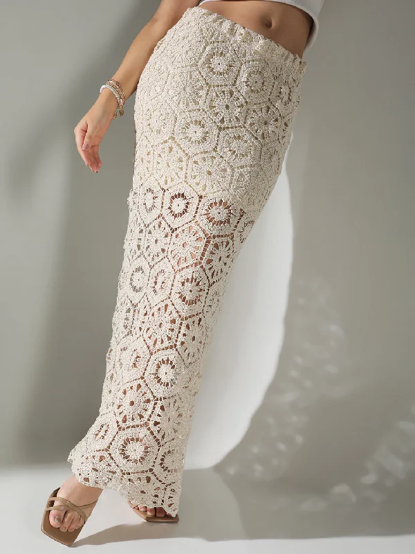 Cozy Dress Women Cream Solid Straight Crochet Skirt