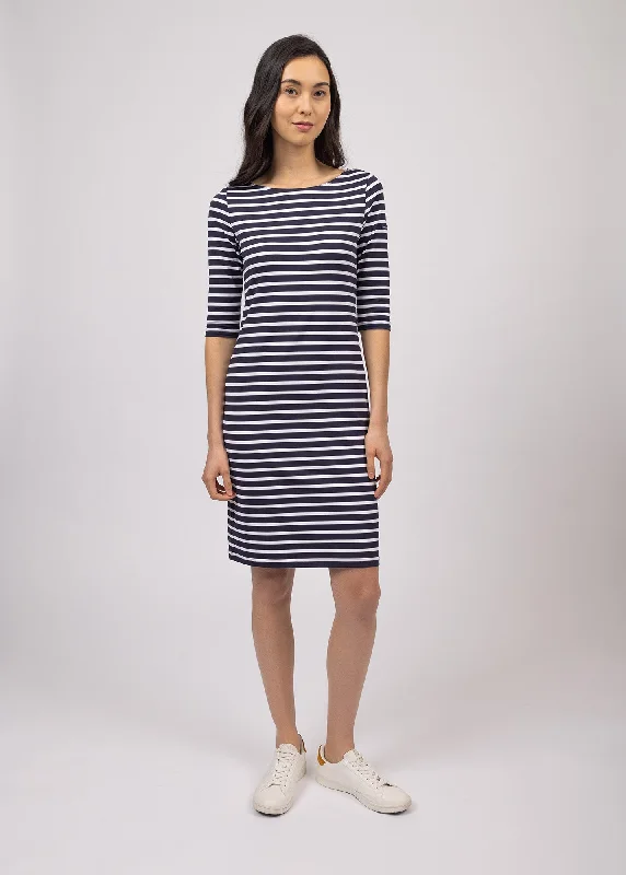 High-end Fashion Propriano anti-UV striped dress - with 3/4 length sleeves (NAVY/NEIGE)