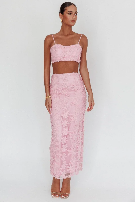 All-Day Wear Casi Palm Tree Embroidered Maxi Skirt Baby Pink