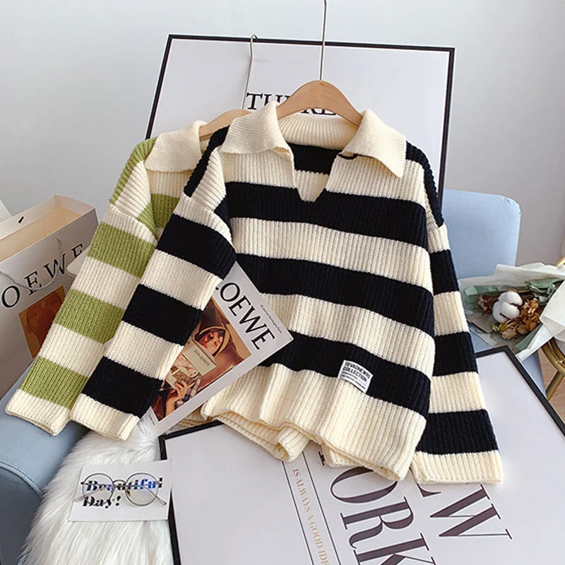 Easygoing Fashion Striped loose Pullover Sweater sweater top  5115