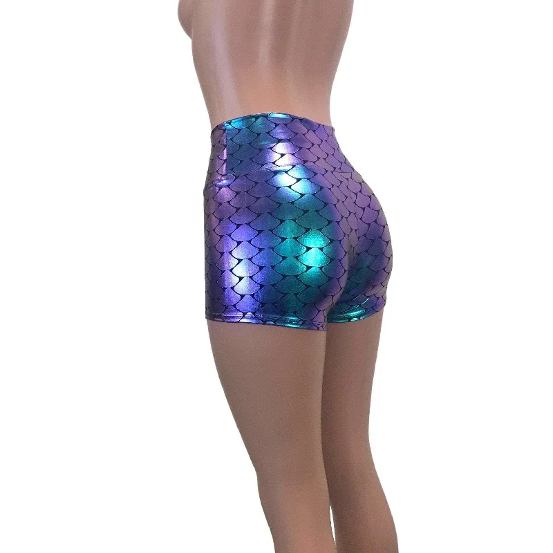 Thin Design High Waisted Booty Shorts - Holographic Mermaid Scales