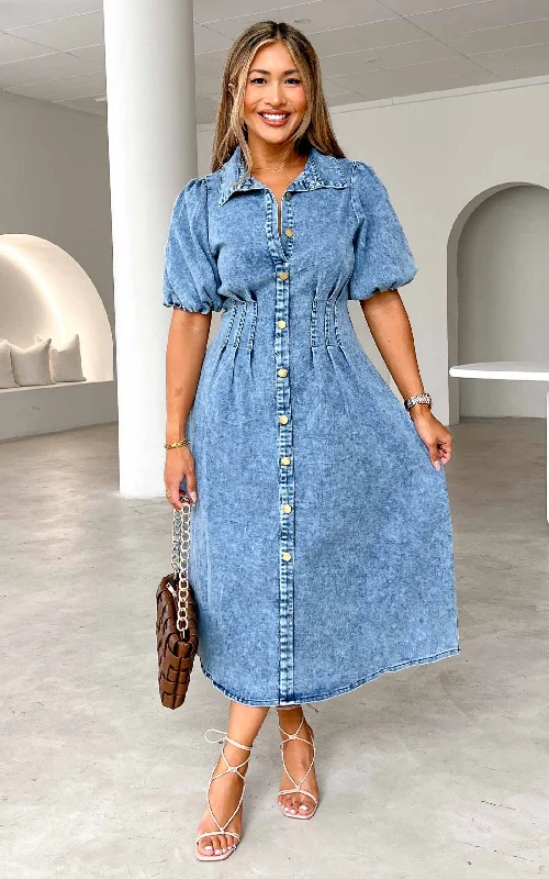 Hip-hop Style Brimble Denim Midi Dress - Blue