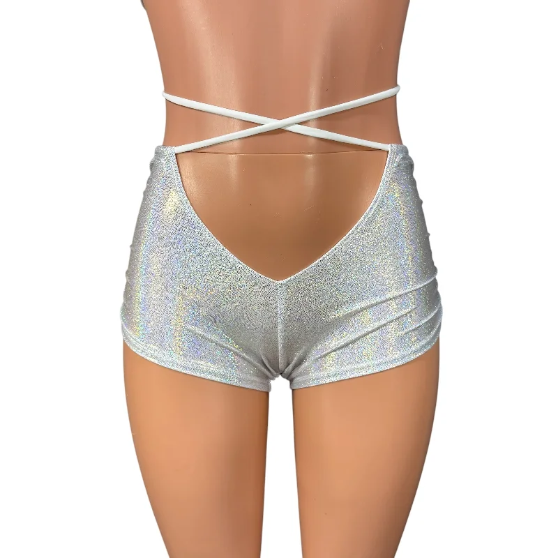 High-end Design X-String Scrunch Booty Shorts in Silver Sparkle Holo | Ruched Hot Pants w/ Tie Low-Rise Rave Shorts