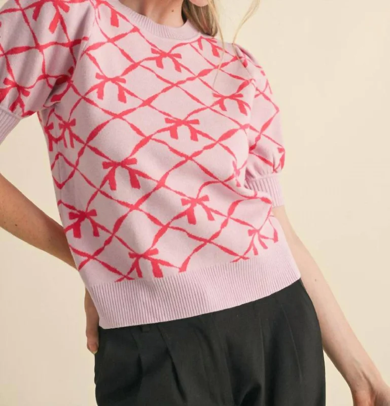 Street Fashion Short Sleeve Bow Pattern Sweater In Pink