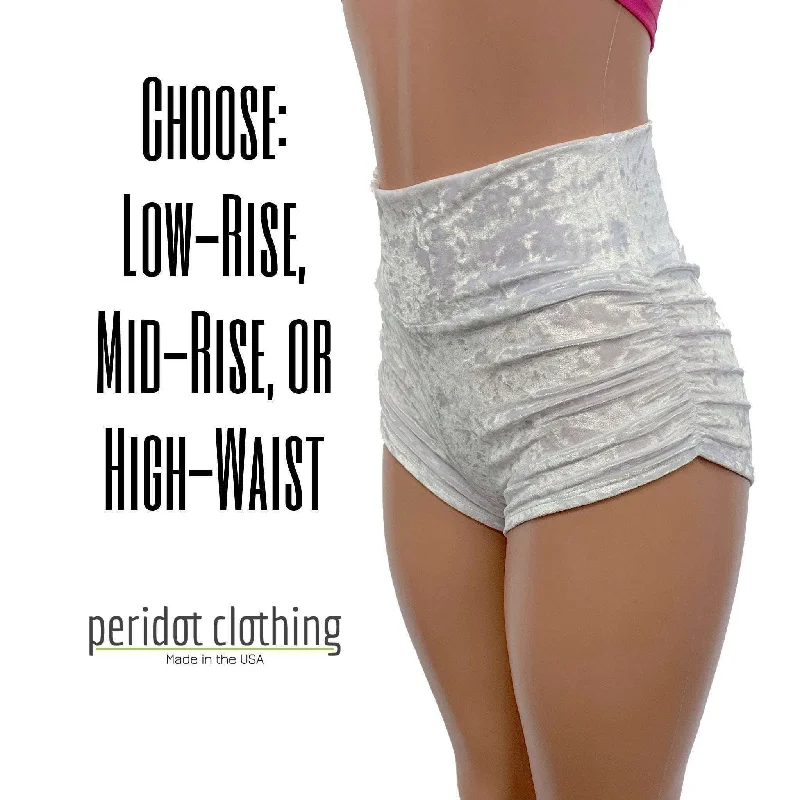 Casual And Versatile Ruched Booty Shorts - White Crushed Velvet