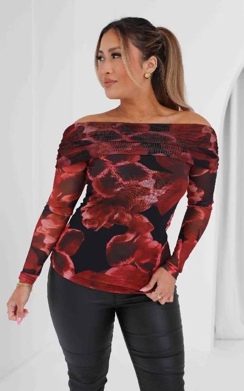 Trendy Items Ulla Mesh Top - Black Red Floral