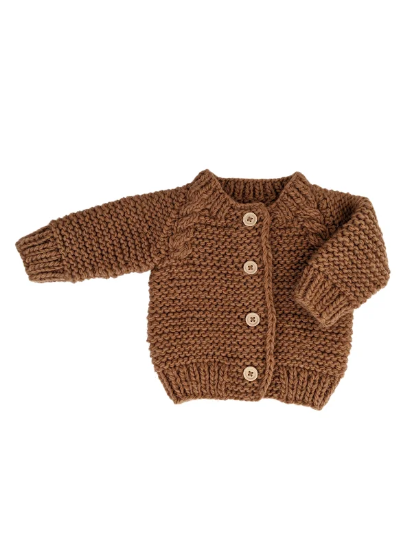 Retro Lace Fabric Garter Stitch Cardigan Sweater, Pecan