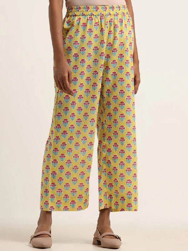 Casual Wear Utsa Yellow Floral Printed Cotton Blend Palazzos