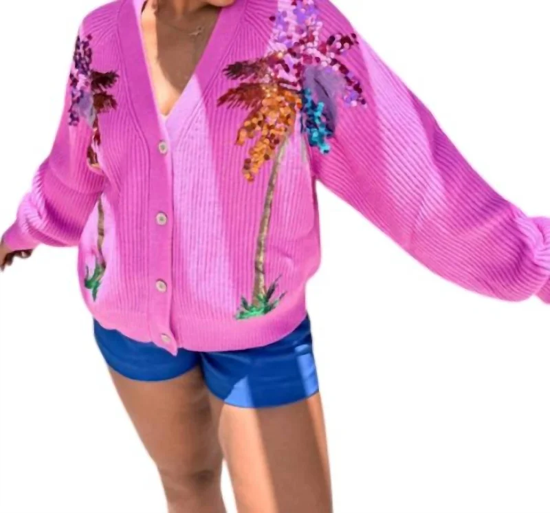 Round neck design Palm Tree Button Sweater In Purple