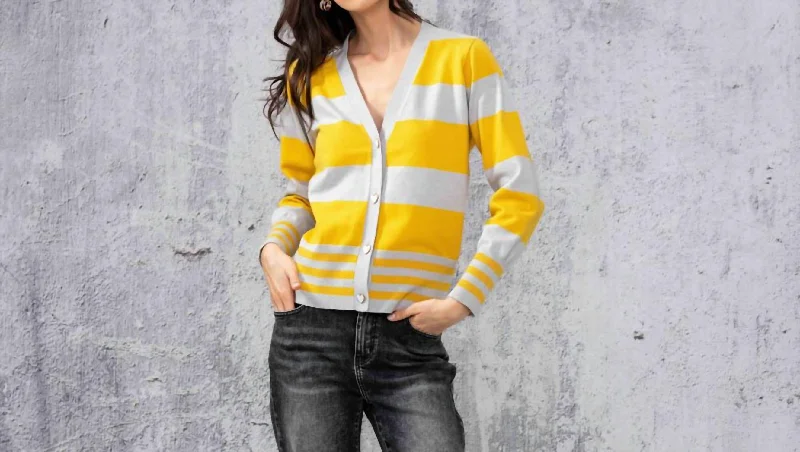 Lazy Style Gray And Yellow Striped Cardigan Sweater
