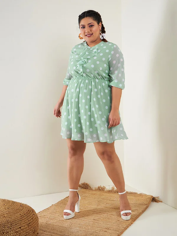 Carefree Style Women Sea Green Polka Dot Fit & Flare Ruffle Dress