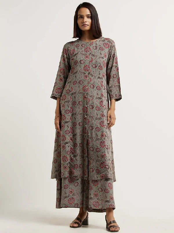High-end Design Zuba Grey Ajrak Printed Palazzos