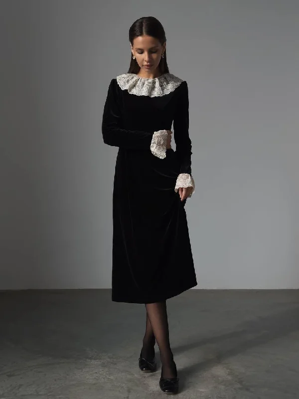 Personalized Design Timeless Black Velvet Dress with Lace Collar