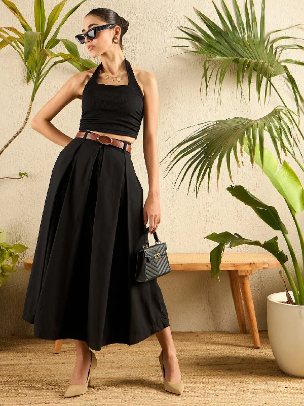 Easy Fashion Cotton Poplin Box Pleated Midi Skirt