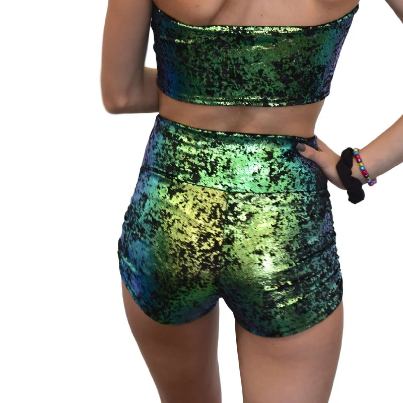 Elegant And Elegant Ruched Booty Shorts - Green on Black Gilded Velvet Scrunch Shorts