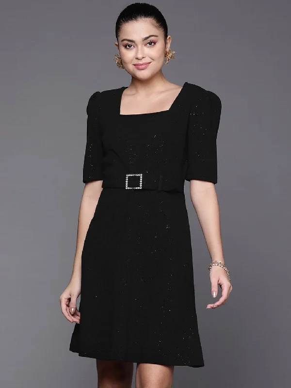 Autumn Selection Women Black Shimmer Square Neck A-Line Belted Dress
