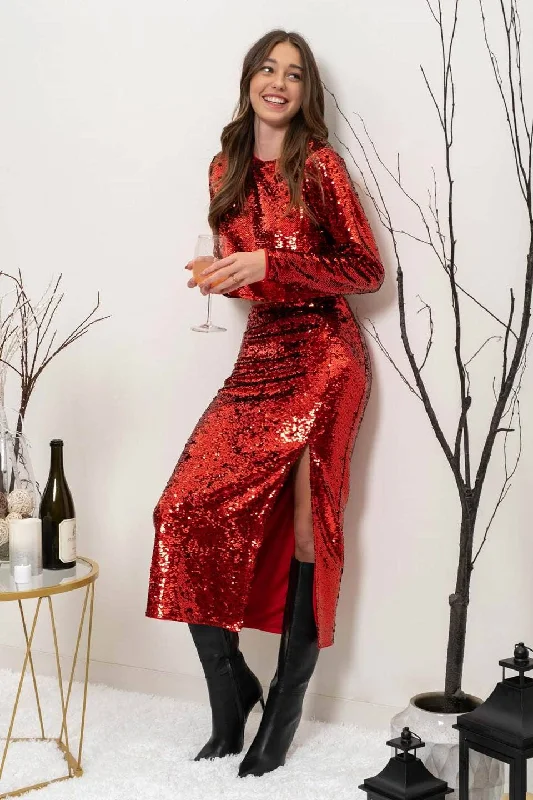 Sports Comfort Style Red Sequin Midi Skirt