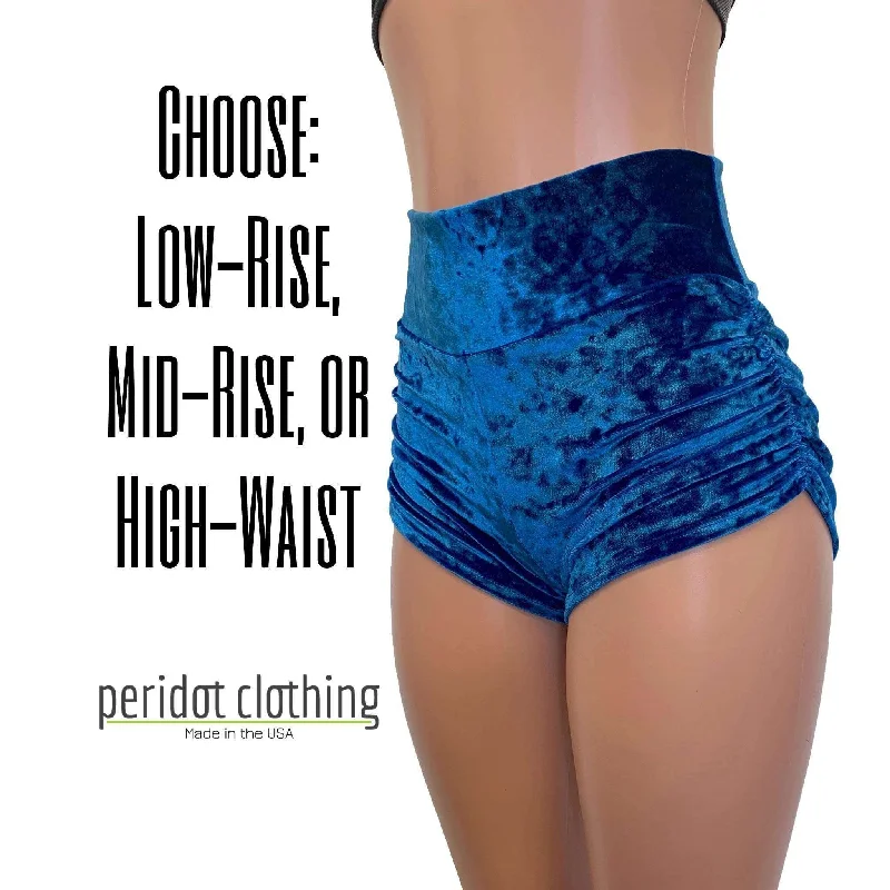 Cool Summer Ruched Booty Shorts - Blue Crushed Velvet Scrunch Shorts