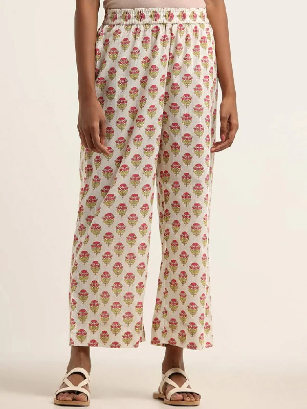 Lounge Wear Utsa Off White Floral Print Blended Linen Palazzos