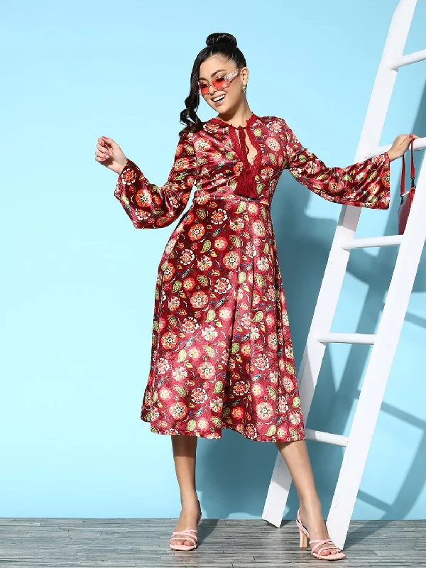 Fashion Style Women Maroon Floral Velvet Lace Detail Midi Dress