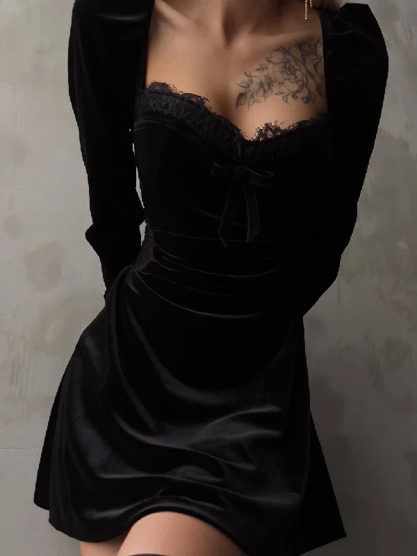 Fresh And Natural Black Velvet Mini Dress with Lace Details