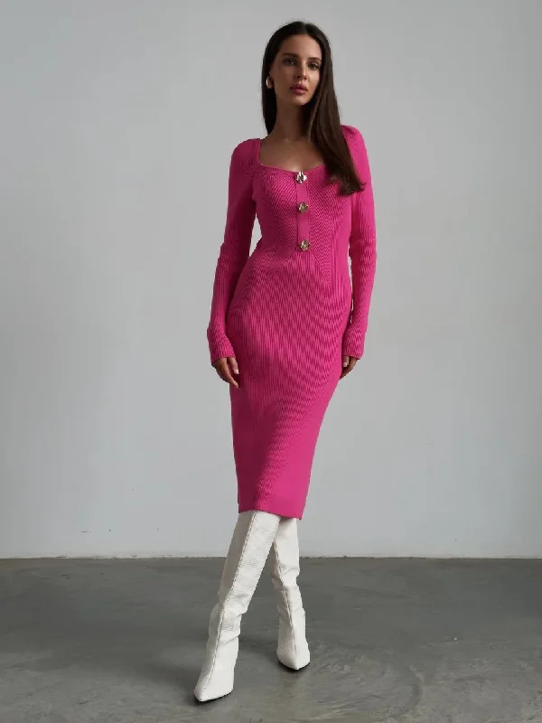 High Street Style Striking Fuchsia Ribbed Midi Dress
