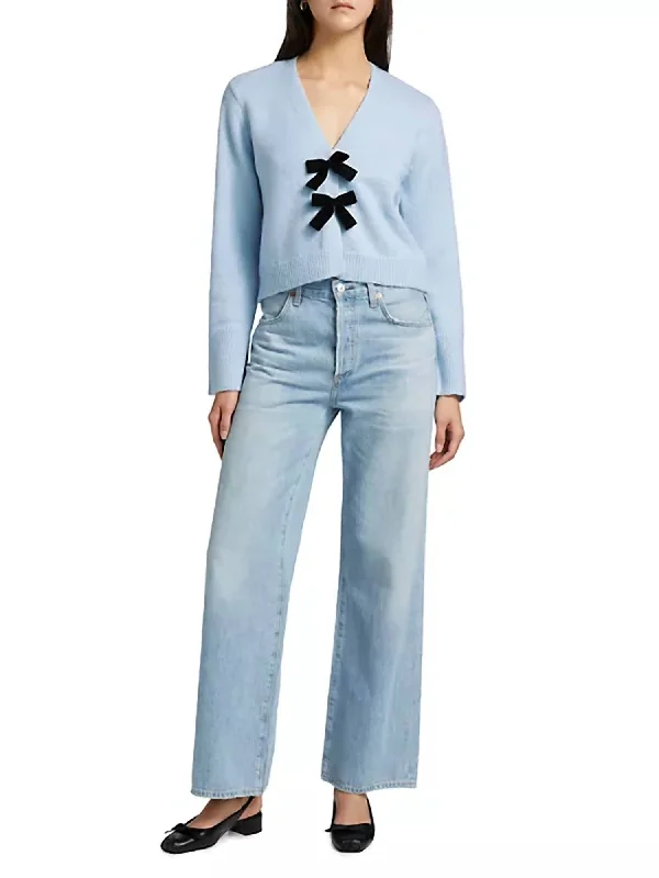 Comfortable down Velvet Bow Cardigan In Blue Frost