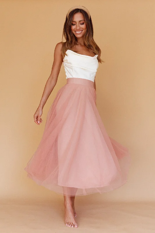 Retro Skirt Design Jasmine Organza Mesh Elasticated Waist Midi Skirt Lipstick