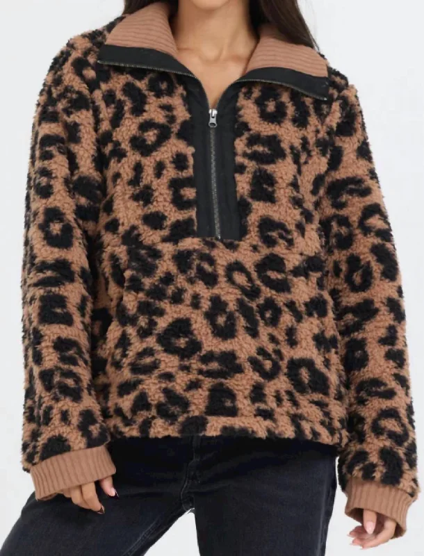 Moisture wicking Leopard Sherpa Pullover In Brown
