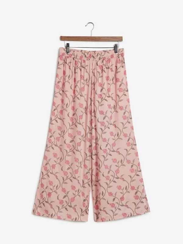 Luxury Style Zuba Light Pink Floral Print Palazzos
