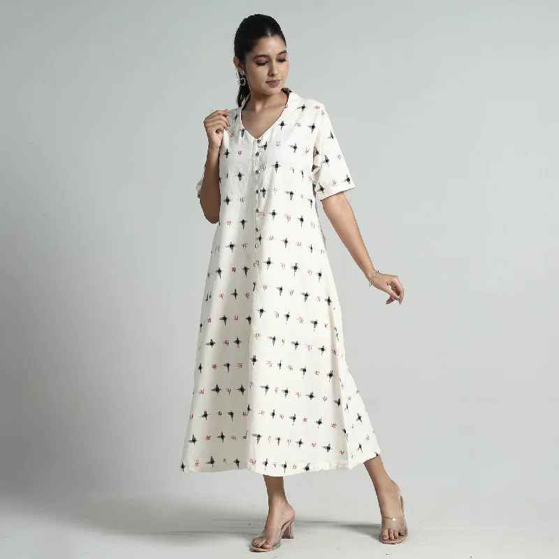 Age-reducing Style White - Pochampally Double Ikat Weave Cotton Dress