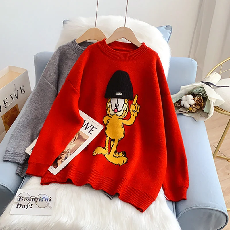 Soft And Comfortable Red cute cartoon round neck sweater female  5142