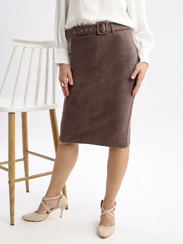 Effortless Style Women Solid Grey Pencil Midi Skirt with Belt