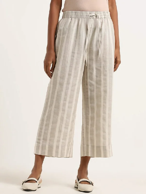 Comfy Chic Zuba Beige Striped Blended Linen Palazzos