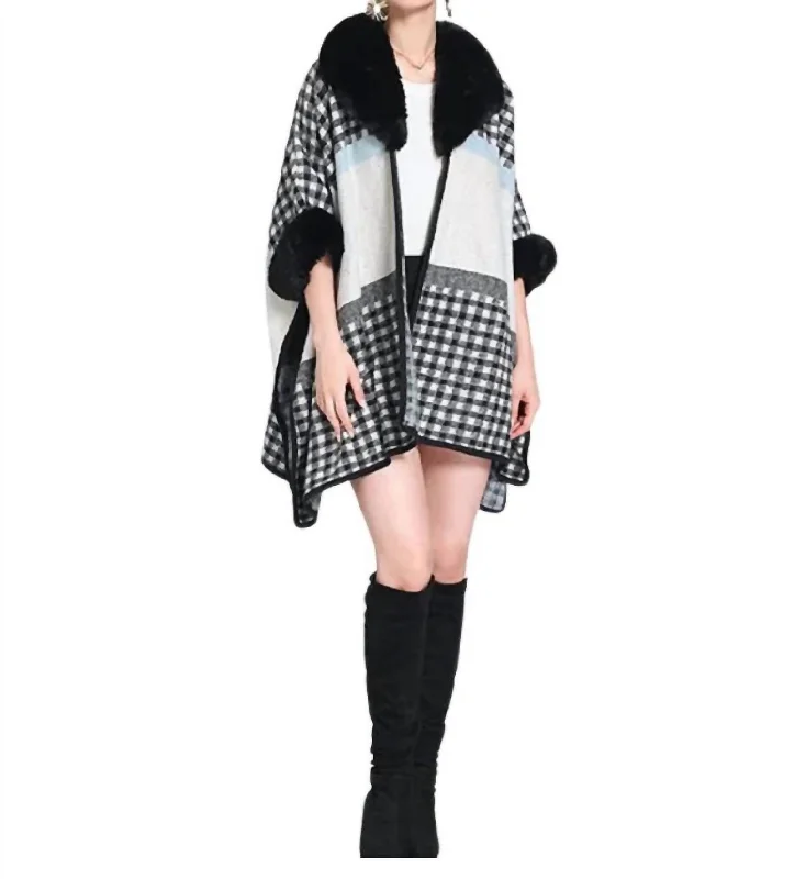 Must-have For Autumn And Winter Plaid Faux Fur Trim Poncho In Black/white