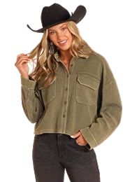 Dressing Tips LADIES RELAXED CORDUROY CROPPED BUTTON DOWN- OLIVE