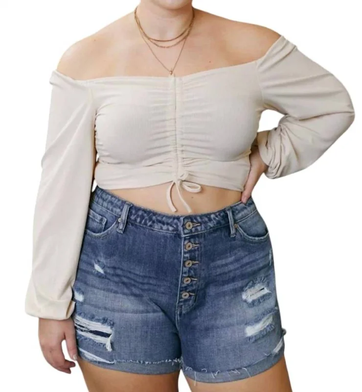 Stylish Wear High Rise Mended Shorts In Medium Wash