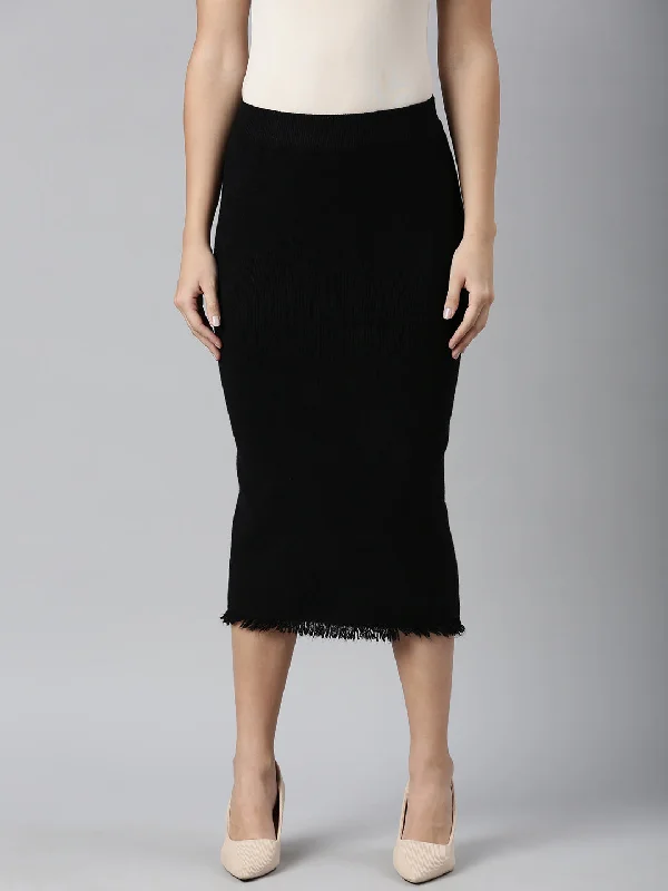Luxury Fashion Women Solid Black Straight Midi Skirt