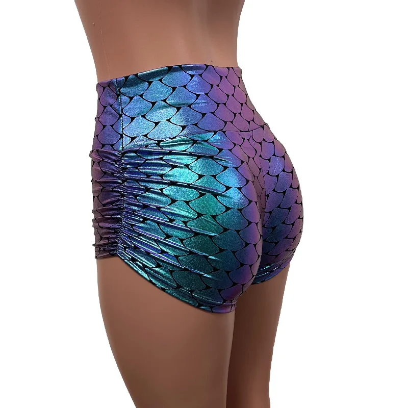 Party Wear Mermaid Holographic Ruched Booty Shorts