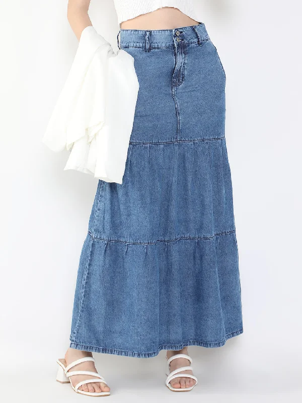 Design Must-have Women Solid Navy Blue Tiered Denim Skirt