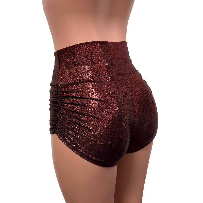 Urban Style Dark Red Sparkle Ruched Booty Shorts - Choose Low-Waist, Mid-Rise, or High-Waist
