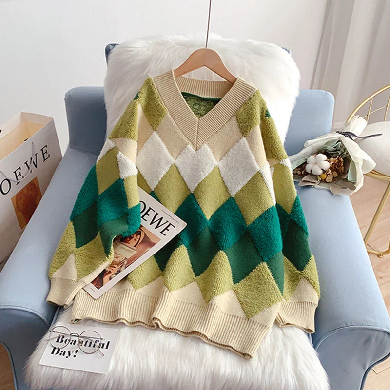 Preview New Products Lazy wind Lingge V-Neck Sweater Korean sweater  5128