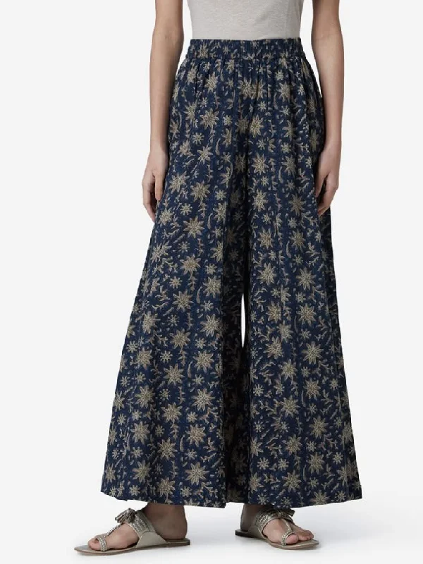 Personalized Clothing Utsa Indigo Floral Print Flared Palazzos
