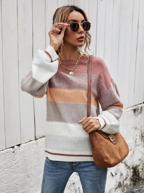 Romantic Data Striped Ribbed Trim Sweater