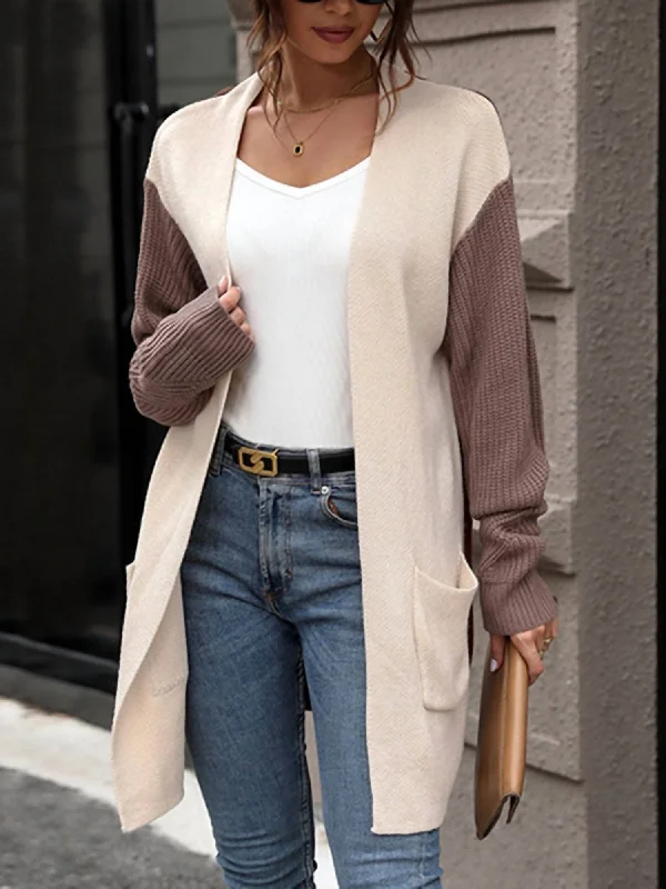 Customized Version Long Sleeved Color Blocked Sweater Cardigan Jacket In Brown