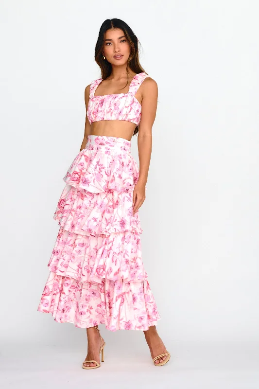 Fashion Trend Suenito Tiered Frill Maxi Skirt Floral Pink