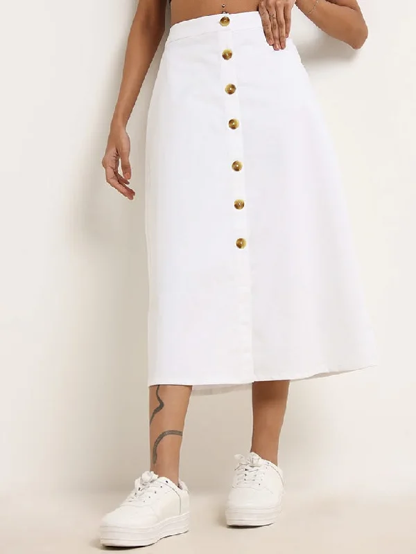 Black And White Style Bombay Paisley White Cotton Button-Down Skirt