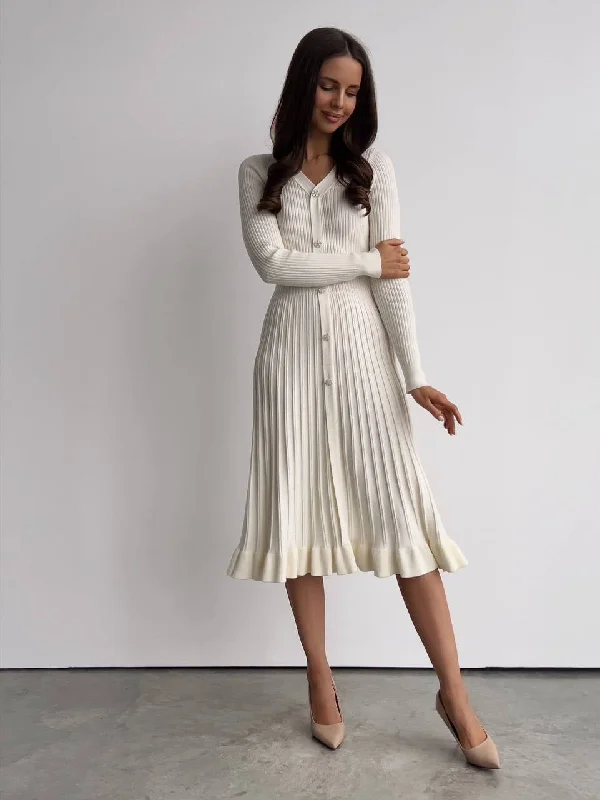 Cute Style Ivory Ribbed Knit Midi Dress with Crystal Buttons